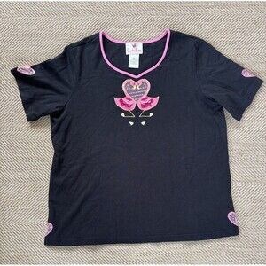 Quacker Factory Flamingo Hearts Shirt Womens XL Black Top